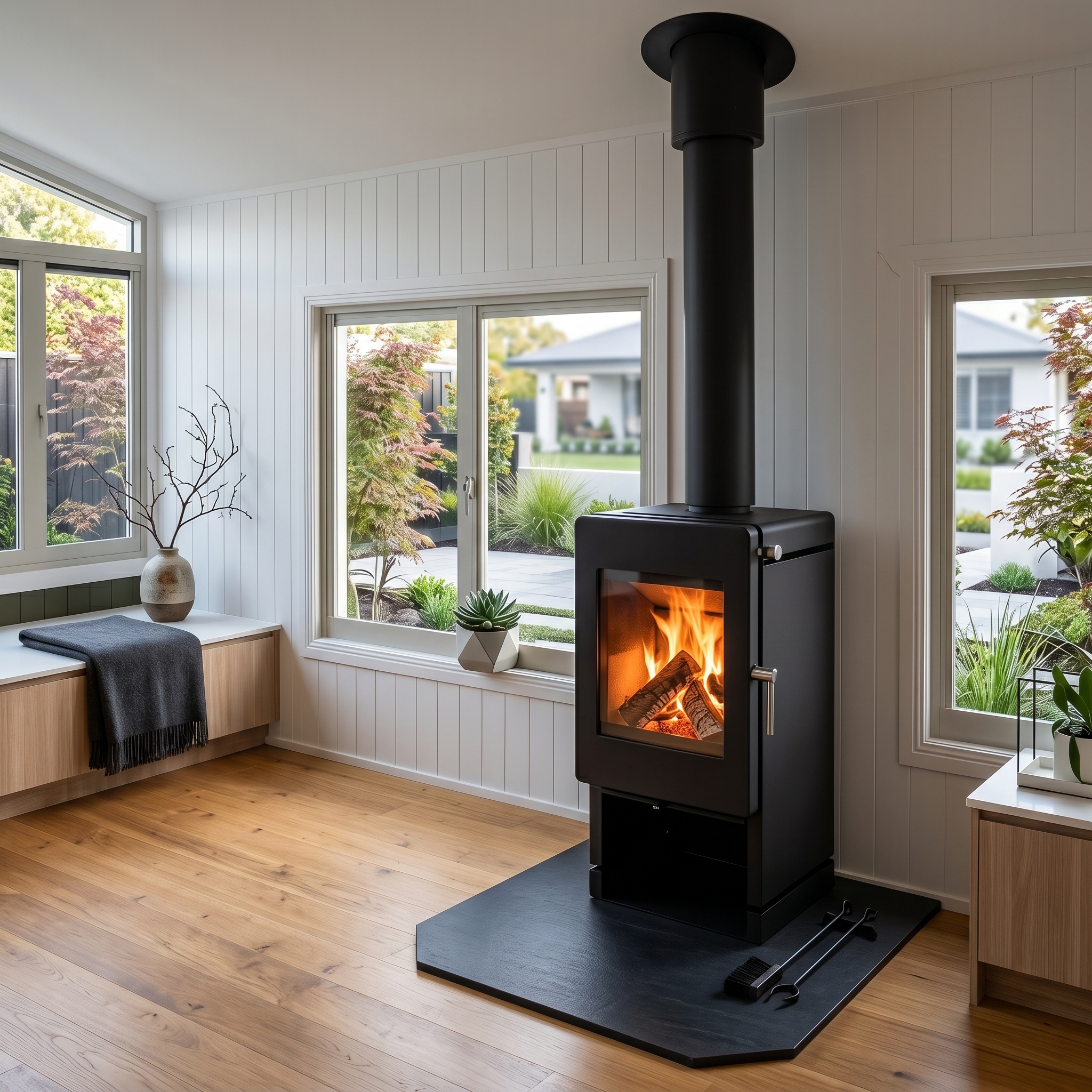 Gas freestanding fireplace with black flue on concrete plinth in coastal home