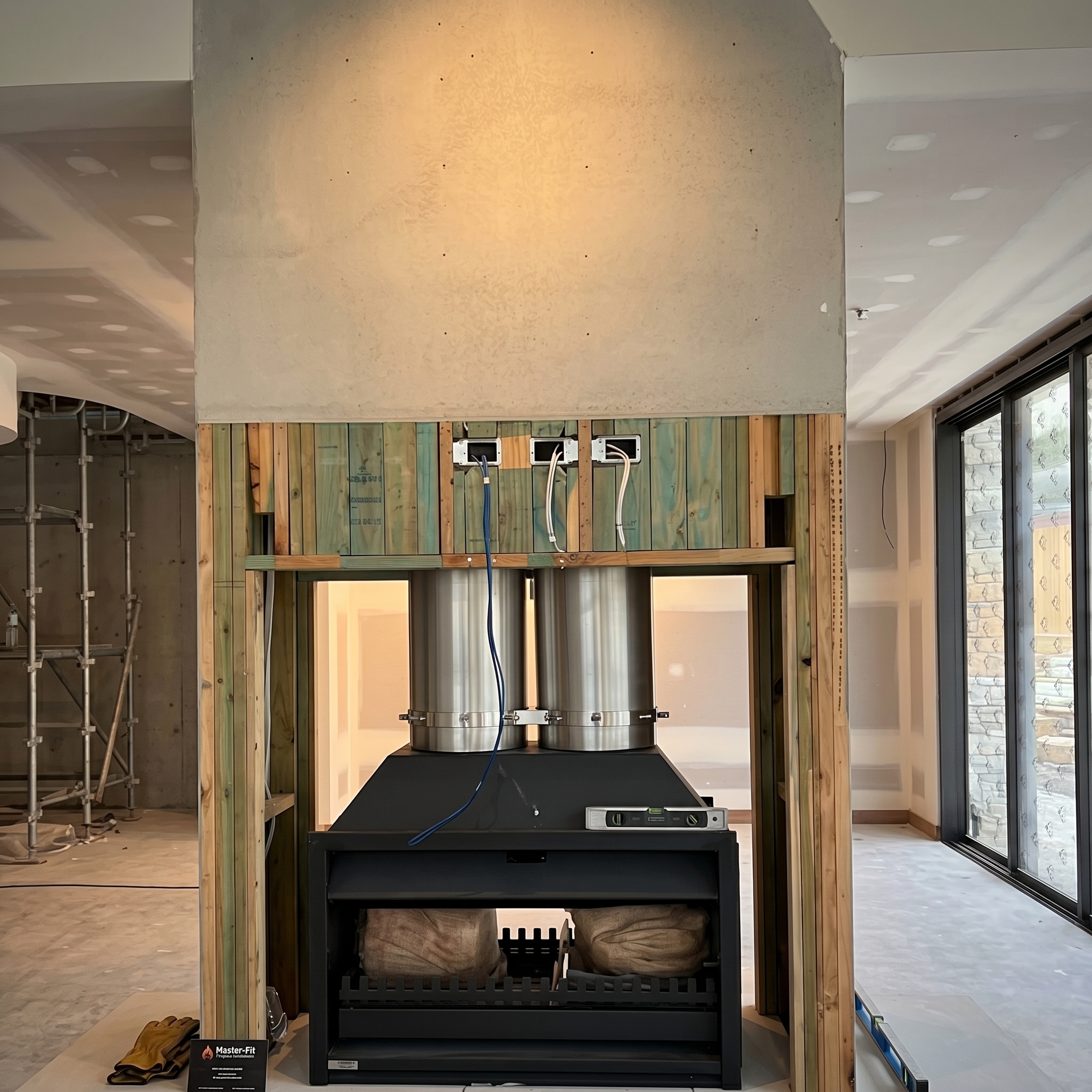 Double-sided gas fireplace with marble fascia and stainless flue in living room