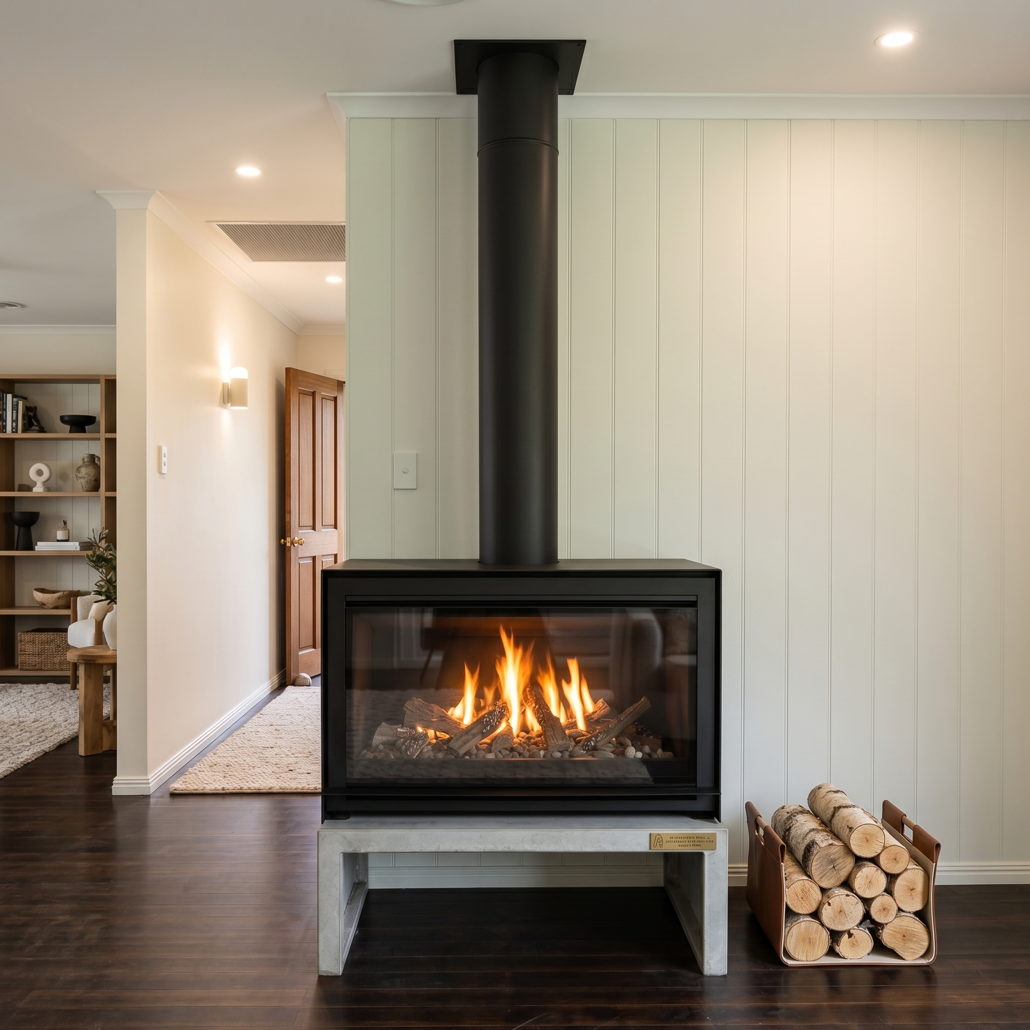 Wood freestanding fireplace with black flue in bright sunroom